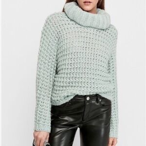 Express Women S Light Blue Open Stitch Chunky Knit Oversized Cowl Neck Sweater